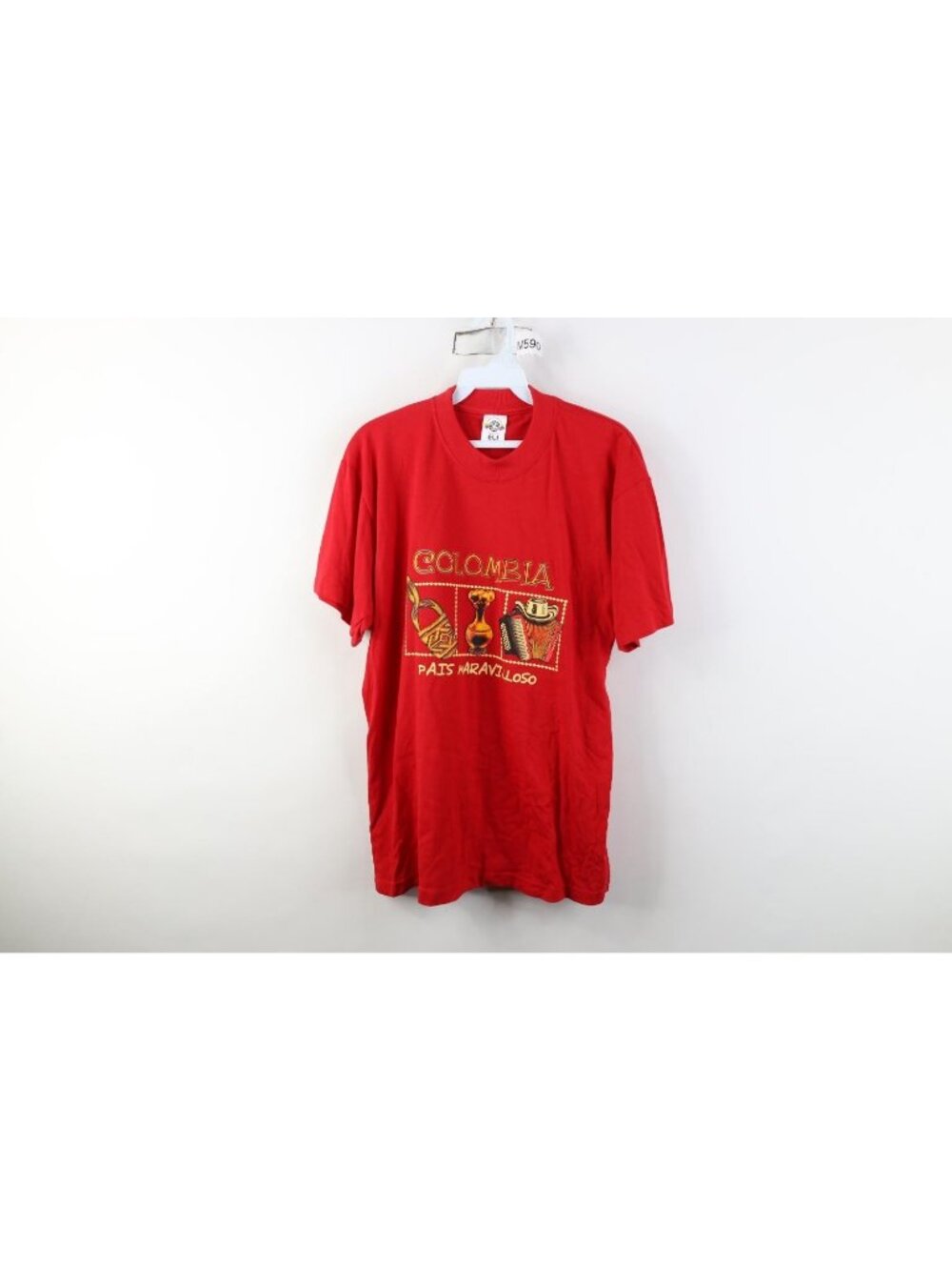 Vintage Streetwear Mens Large Spell Out Colombia Pais Maravilloso T-Shirt Red